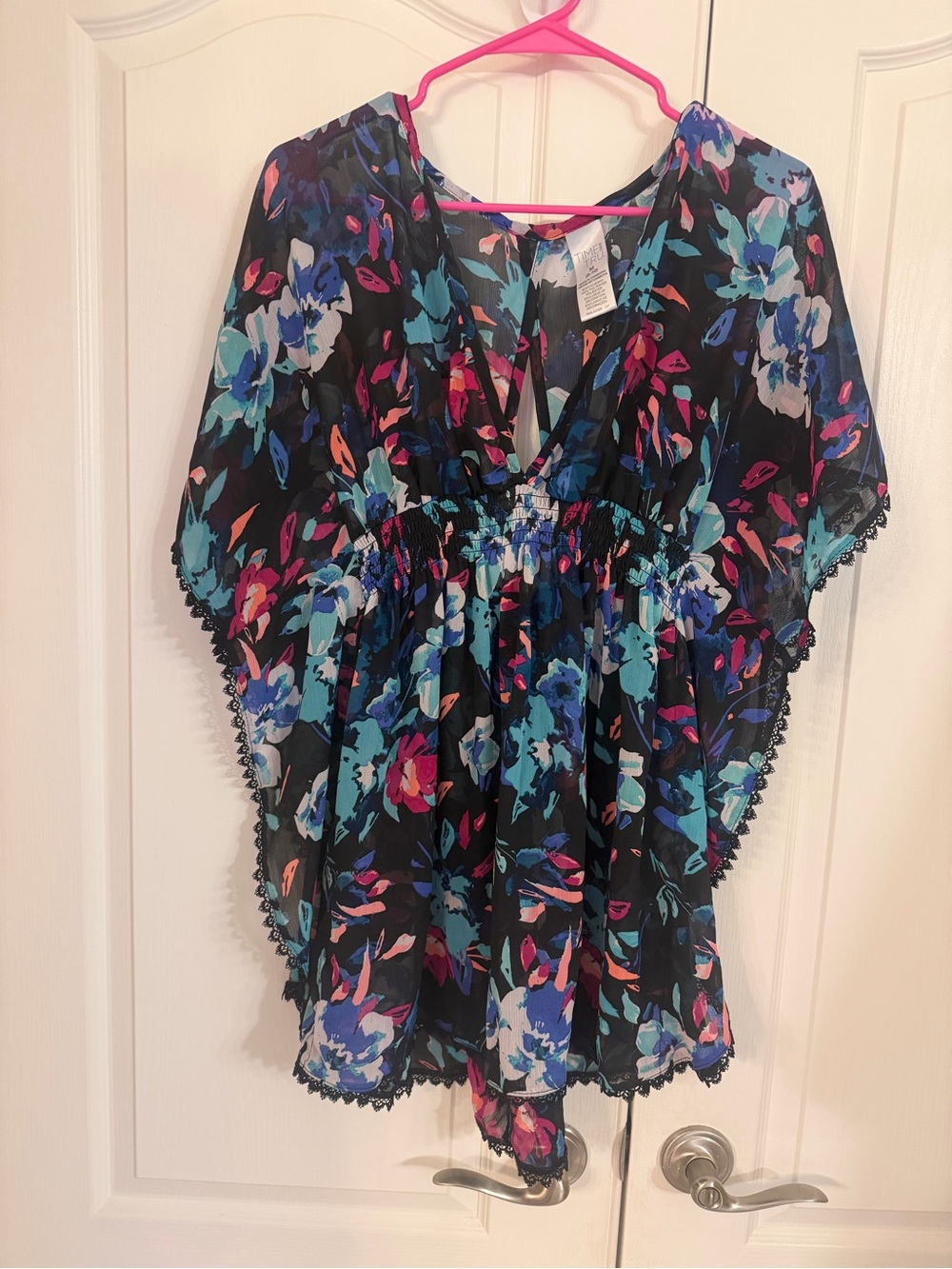 Time and Tru Black Sheer Swimsuit coverup with Teal, Fuchsia & Blue Floral Print